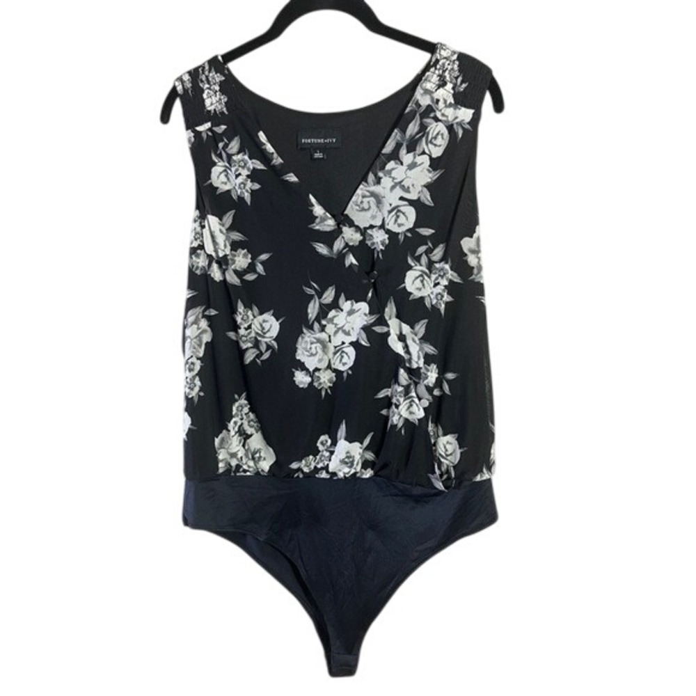 Fortune + Ivy Black‎ Floral Sleeveless Bodysuit Blouse Top Size L